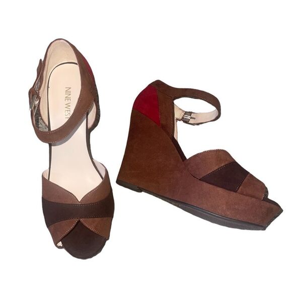 Nine West Color Block Suede Wedges in Brown & Red - Picture 3 of 10